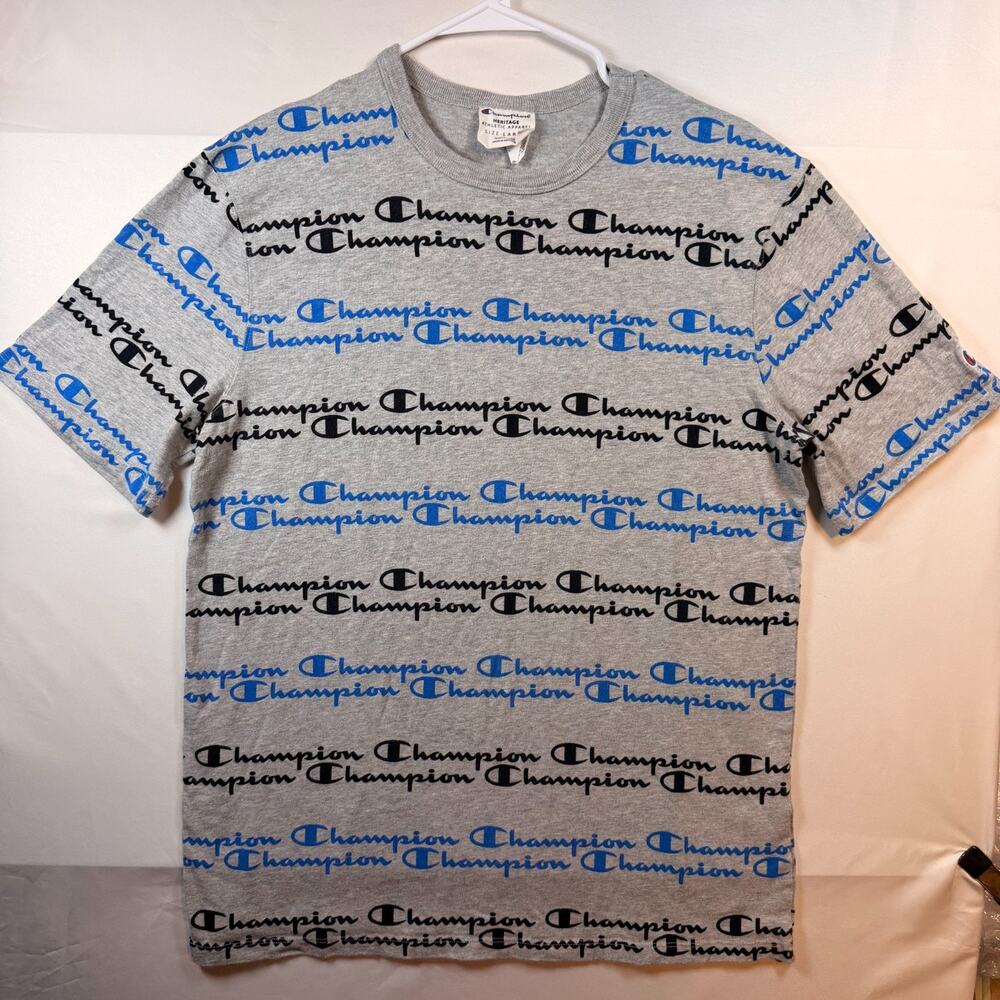 Champion Heritage Athletic Apparel All Over Logo Short Sleeve T Shirt Size Large